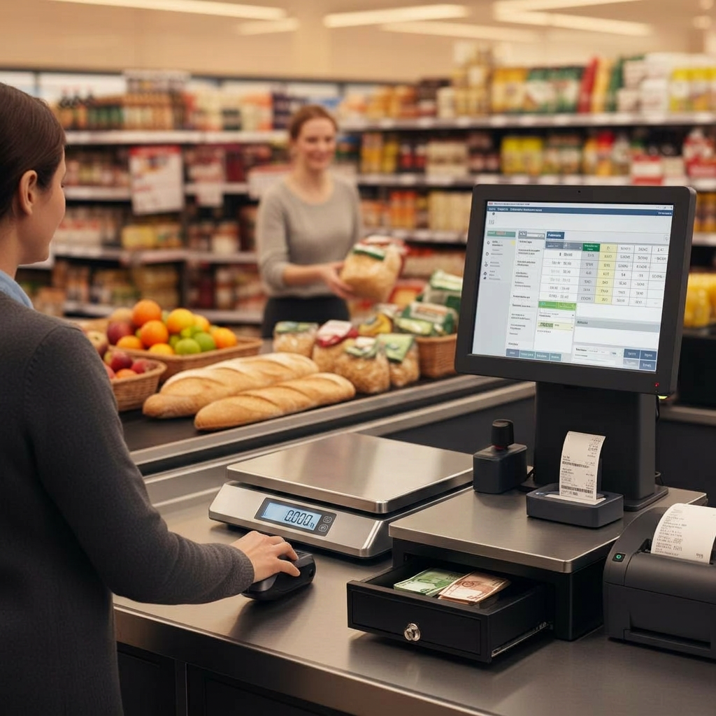 Caja de supermercado con escáner, monitor de POS, cajón de dinero e impresora fiscal